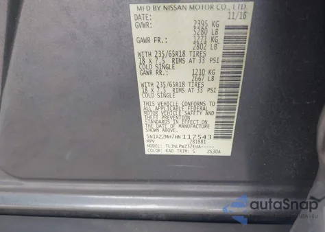 2017 Nissan Murano S из США, поврежденный, VIN 5N1AZ2MH7HN117543